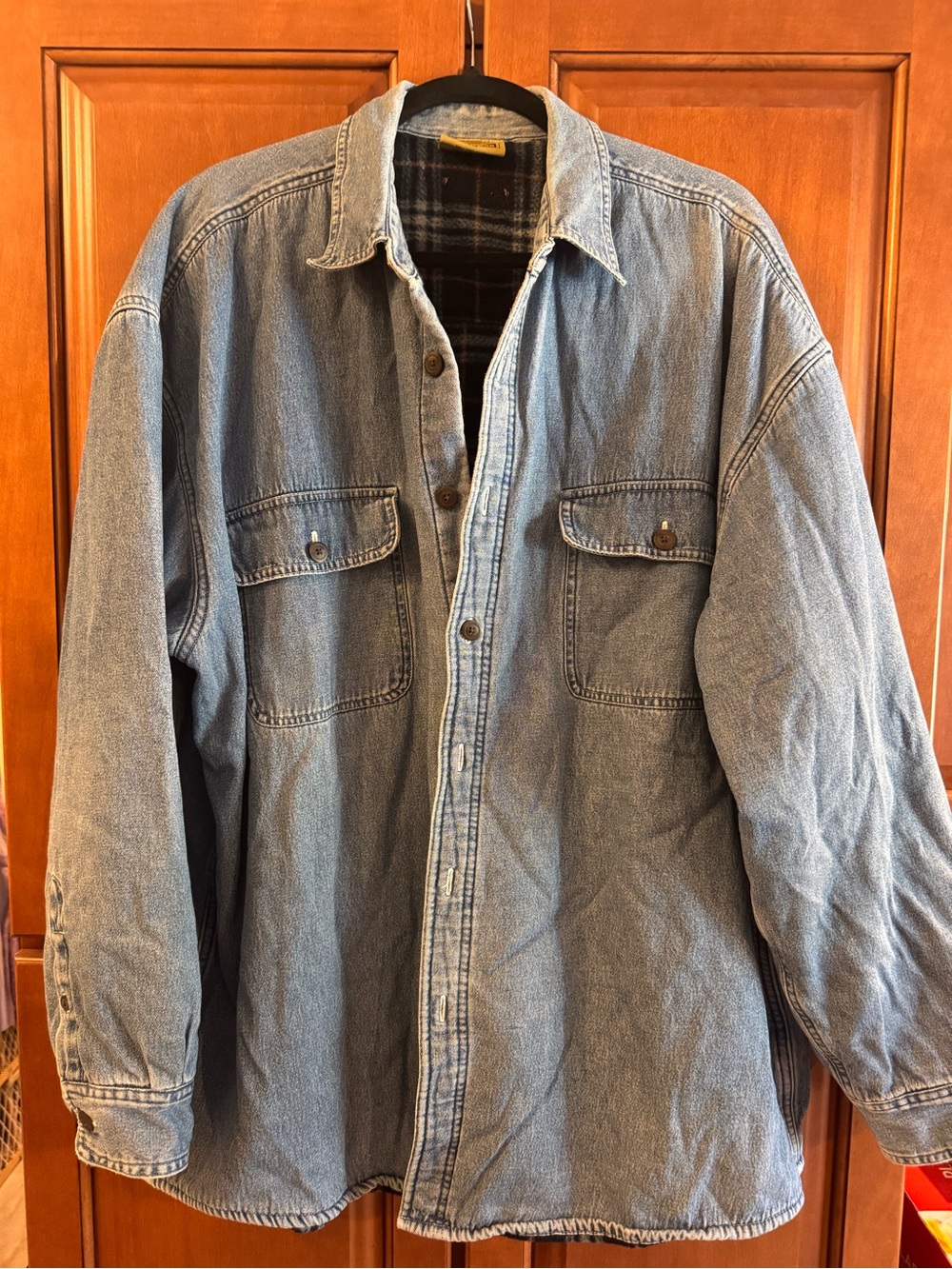 Light Blue Denim Shirt Jacket with Plaid Lining